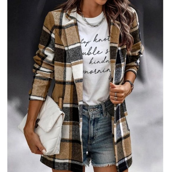 . Jackets & Blazers - Comfy Plaid Print Lapel Neck Overcoat Jacket Shacket Coat